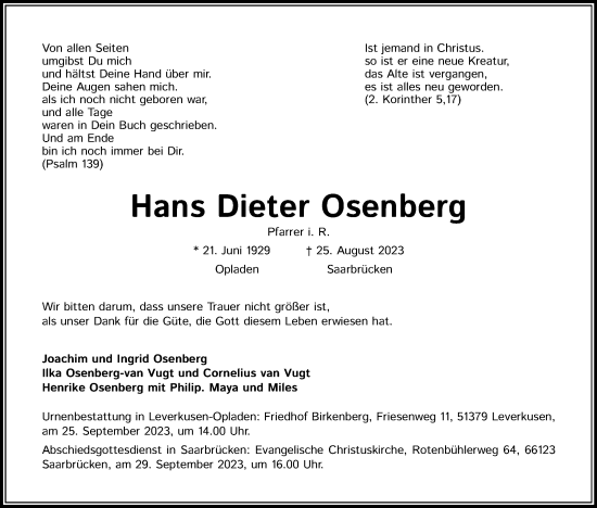Anzeige von Hans Dieter Osenberg von Kölner Stadt-Anzeiger / Kölnische Rundschau / Express