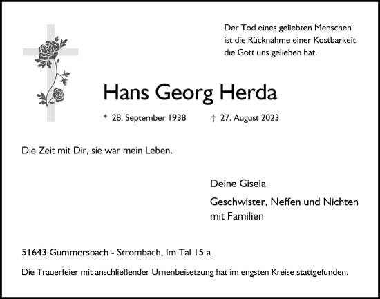 Anzeige von Hans Georg Herda von  Anzeigen Echo 