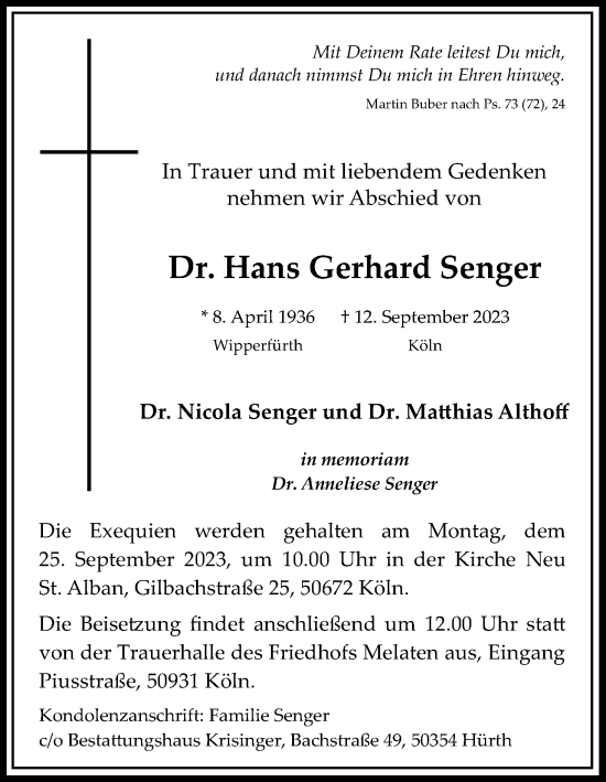 Anzeige von Hans Gerhard Senger von Kölner Stadt-Anzeiger / Kölnische Rundschau / Express
