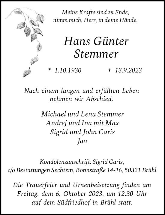 Anzeige von Hans Günter Stemmer von  Schlossbote/Werbekurier 