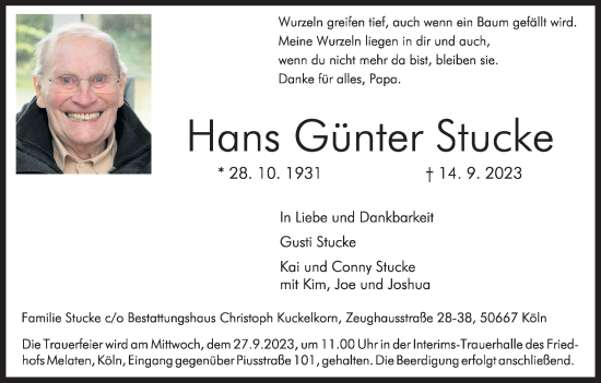 Anzeige von Hans Günter Stucke von Kölner Stadt-Anzeiger / Kölnische Rundschau / Express