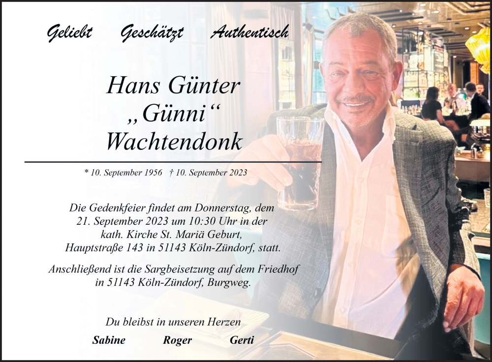  Traueranzeige für Hans Günter Wachtendonk vom 16.09.2023 aus Kölner Stadt-Anzeiger / Kölnische Rundschau / Express