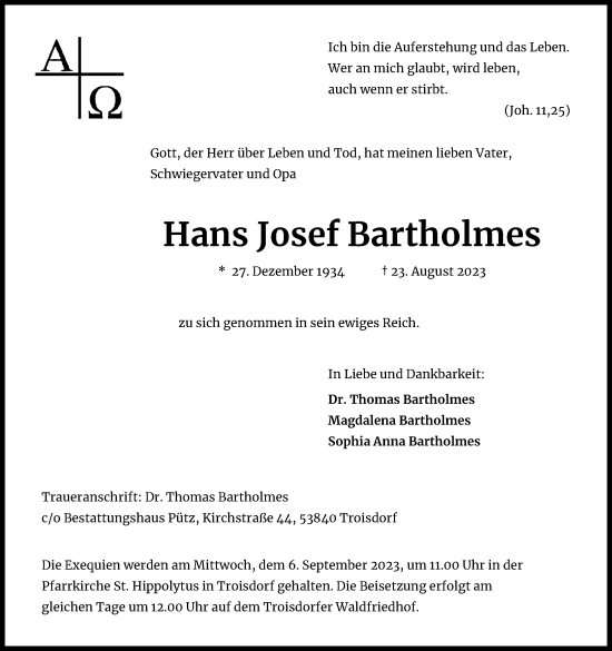 Anzeige von Hans Josef Bartholmes von Kölner Stadt-Anzeiger / Kölnische Rundschau / Express