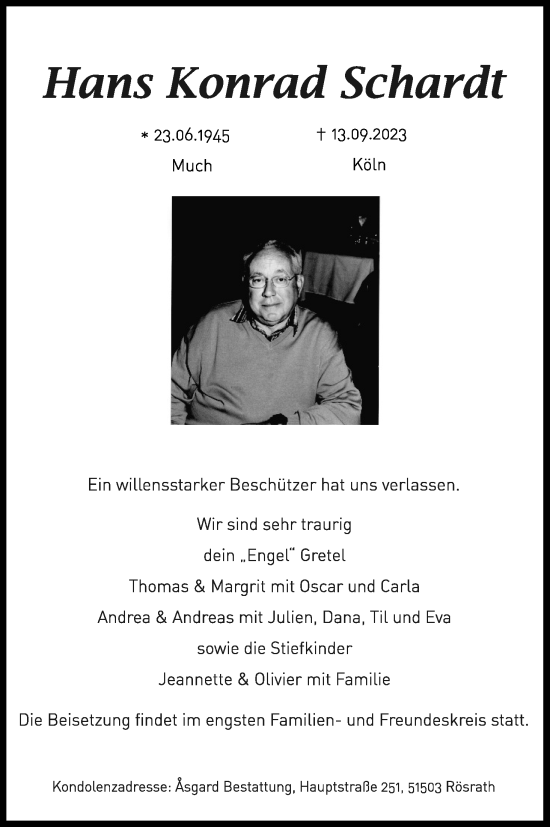 Anzeige von Hans Konrad Schardt von Kölner Stadt-Anzeiger / Kölnische Rundschau / Express