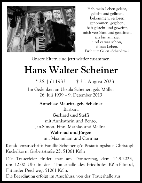 Anzeige von Hans Walter Scheiner von Kölner Stadt-Anzeiger / Kölnische Rundschau / Express