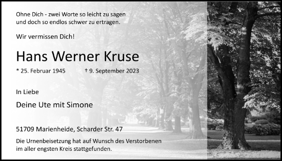 Anzeige von Hans Werner Kruse von  Anzeigen Echo 