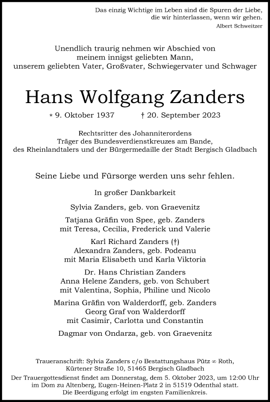 Anzeige von Hans Wolfgang Zanders von Kölner Stadt-Anzeiger / Kölnische Rundschau / Express