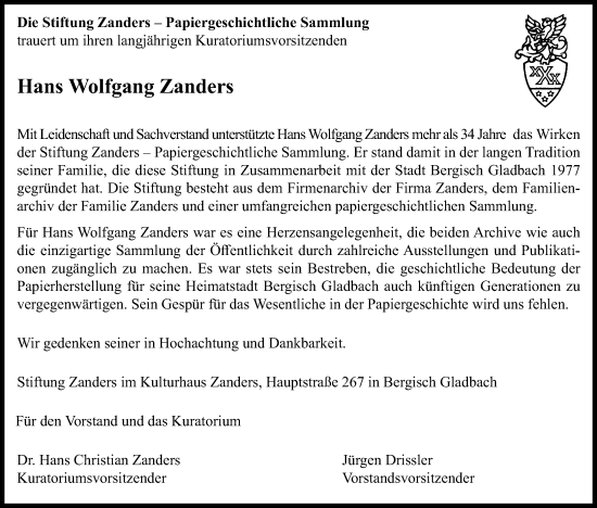 Anzeige von Hans Wolfgang Zanders von Kölner Stadt-Anzeiger / Kölnische Rundschau / Express