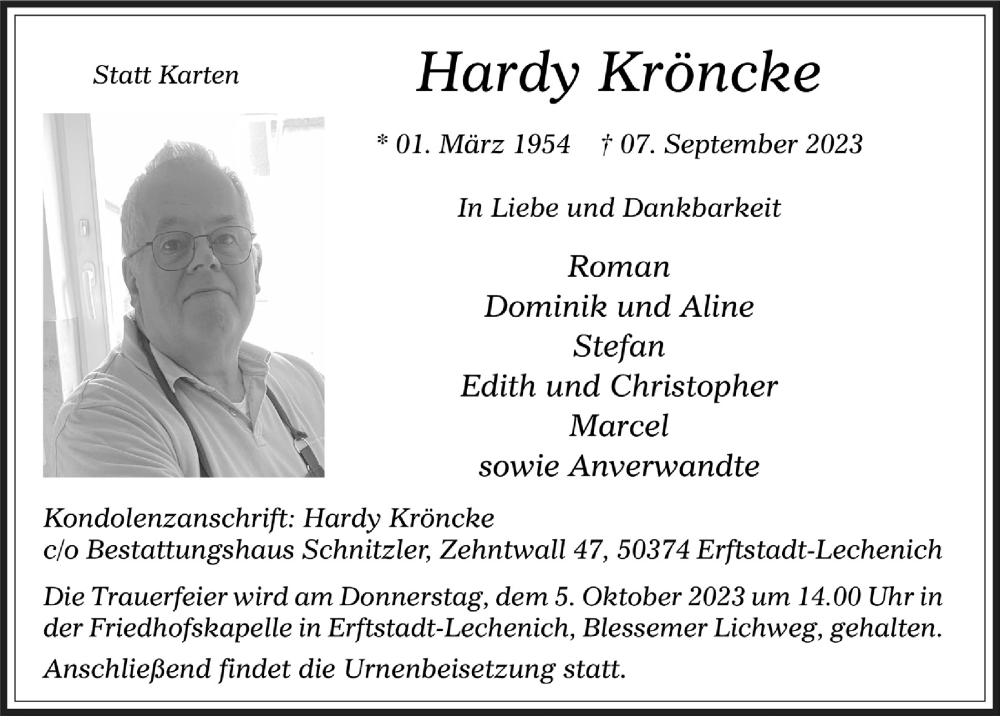  Traueranzeige für Hardy Kröncke vom 15.09.2023 aus  Werbepost 
