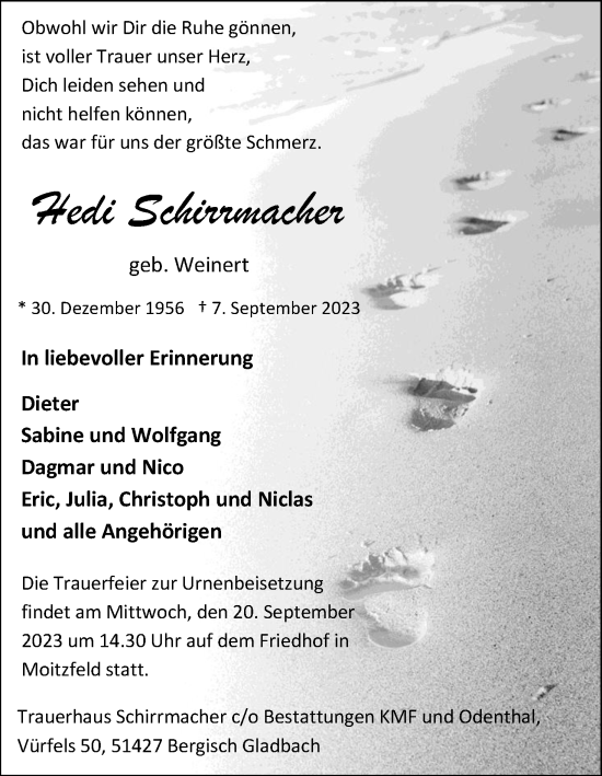 Anzeige von Hedi Schirrmacher von Kölner Stadt-Anzeiger / Kölnische Rundschau / Express