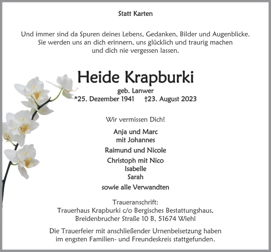 Anzeige von Heide Krapburki von  Anzeigen Echo 