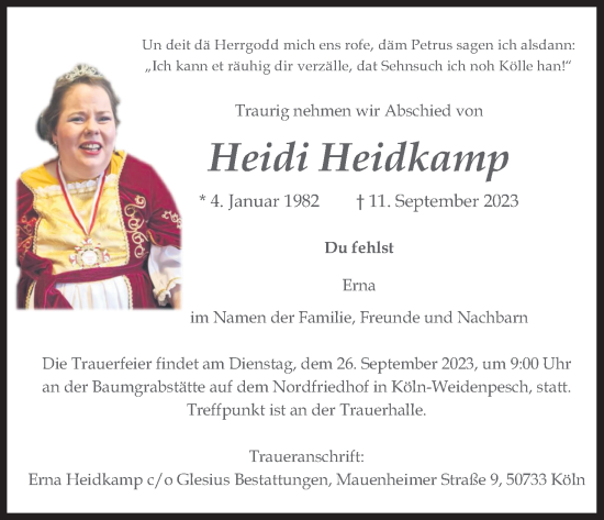 Anzeige von Heidi Heidkamp von Kölner Stadt-Anzeiger / Kölnische Rundschau / Express
