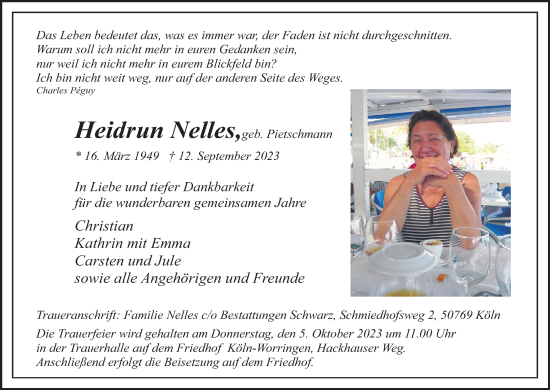 Anzeige von Heidrun Nelles von Kölner Stadt-Anzeiger / Kölnische Rundschau / Express
