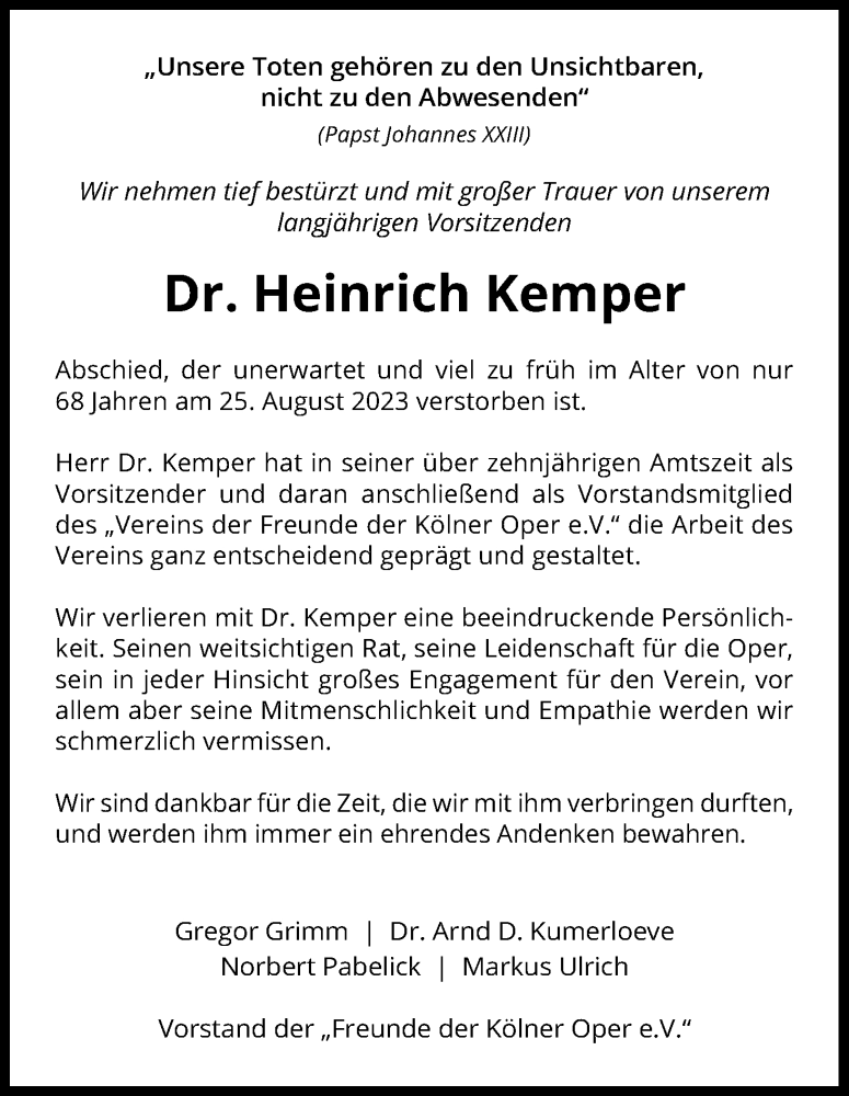  Traueranzeige für Heinrich Kemper vom 02.09.2023 aus Kölner Stadt-Anzeiger / Kölnische Rundschau / Express