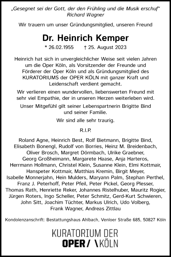 Anzeige von Heinrich Kemper von Kölner Stadt-Anzeiger / Kölnische Rundschau / Express