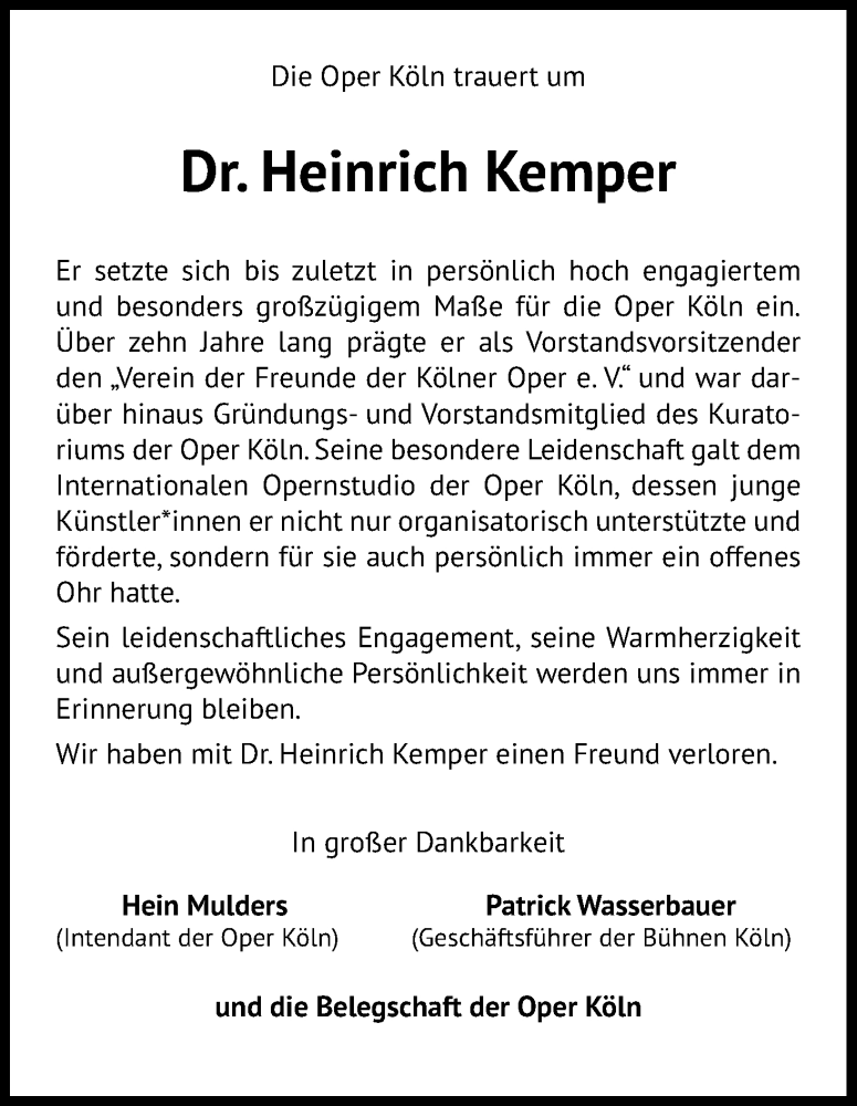  Traueranzeige für Heinrich Kemper vom 02.09.2023 aus Kölner Stadt-Anzeiger / Kölnische Rundschau / Express