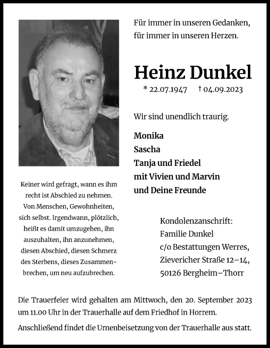 Anzeige von Heinz Dunkel von Kölner Stadt-Anzeiger / Kölnische Rundschau / Express