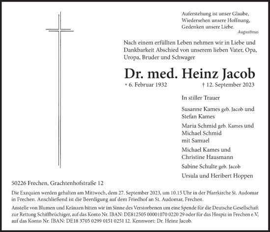 Anzeige von Heinz Jacob von  Wochenende 