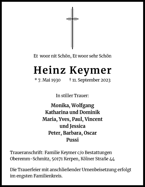 Anzeige von Heinz Keymer von Kölner Stadt-Anzeiger / Kölnische Rundschau / Express