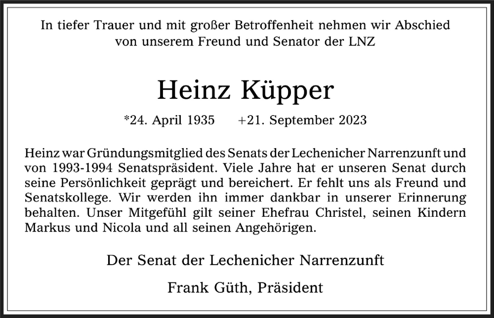  Traueranzeige für Heinz Küpper vom 29.09.2023 aus  Werbepost 