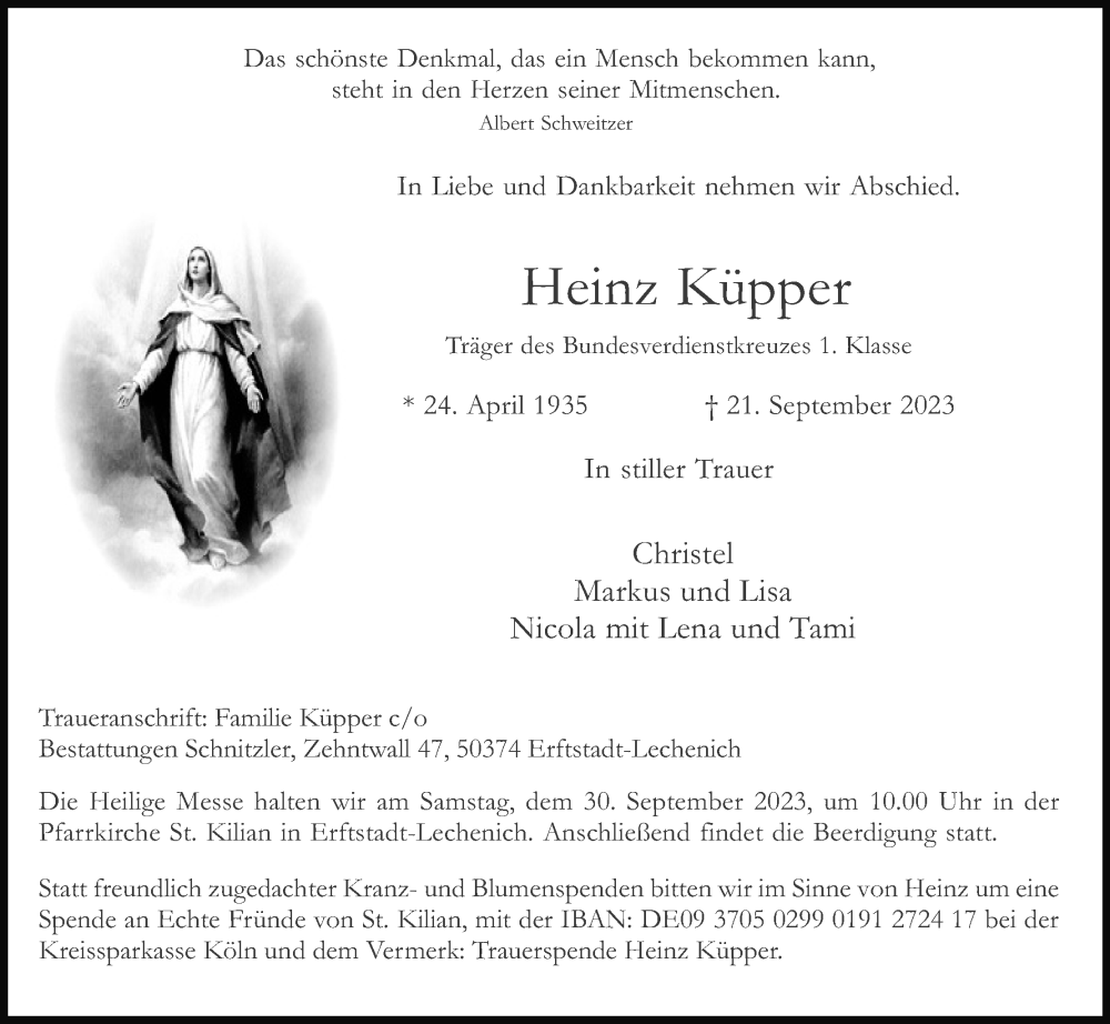  Traueranzeige für Heinz Küpper vom 23.09.2023 aus Kölner Stadt-Anzeiger / Kölnische Rundschau / Express