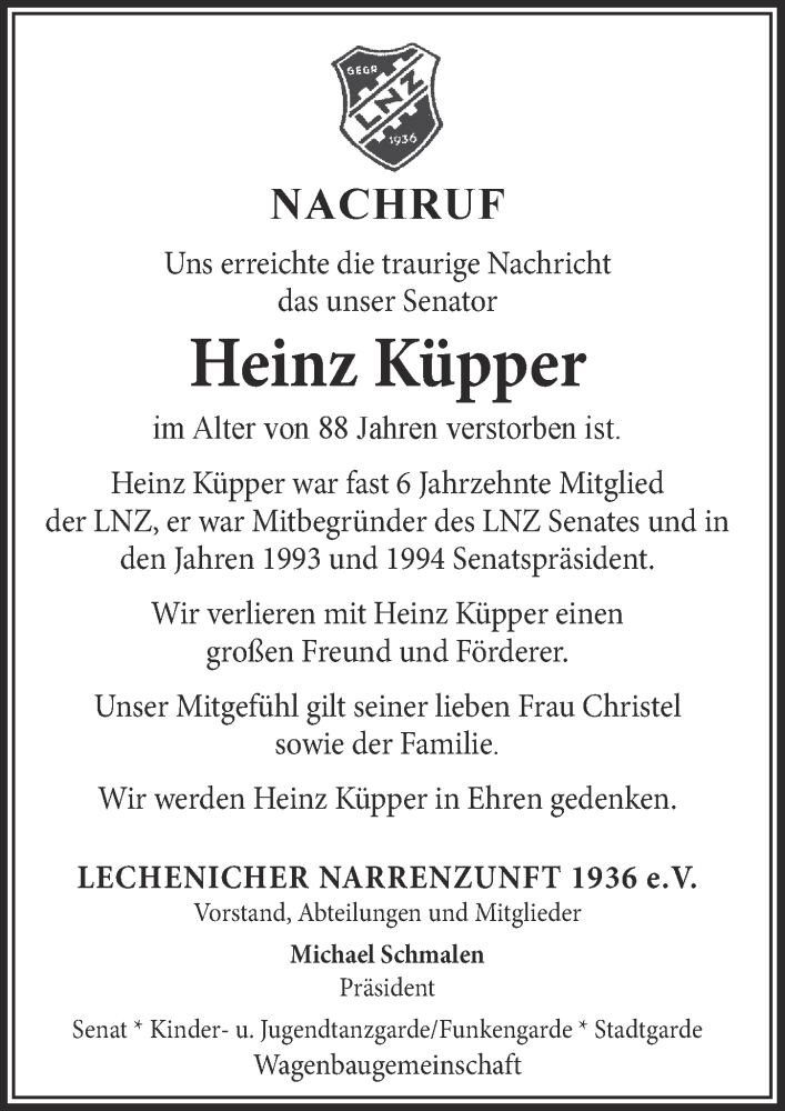  Traueranzeige für Heinz Küpper vom 29.09.2023 aus  Werbepost 