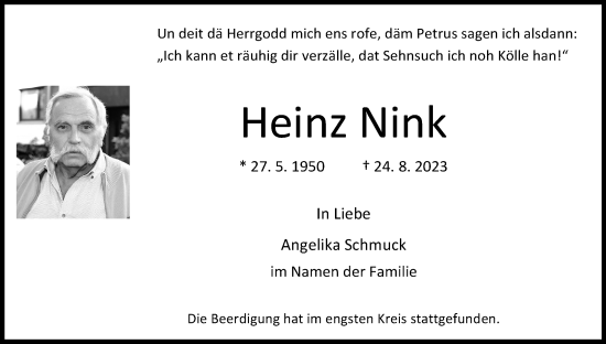 Anzeige von Heinz Nink von Kölner Stadt-Anzeiger / Kölnische Rundschau / Express