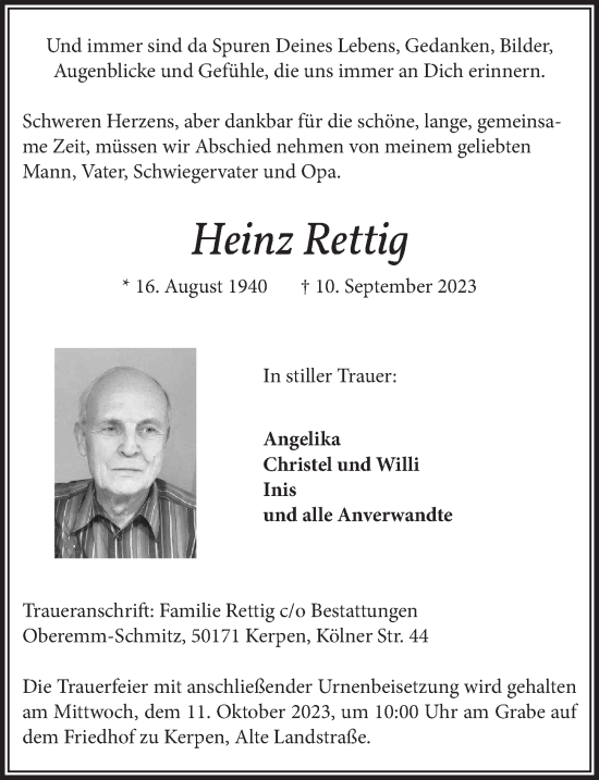 Anzeige von Heinz Rettig von  Werbepost 