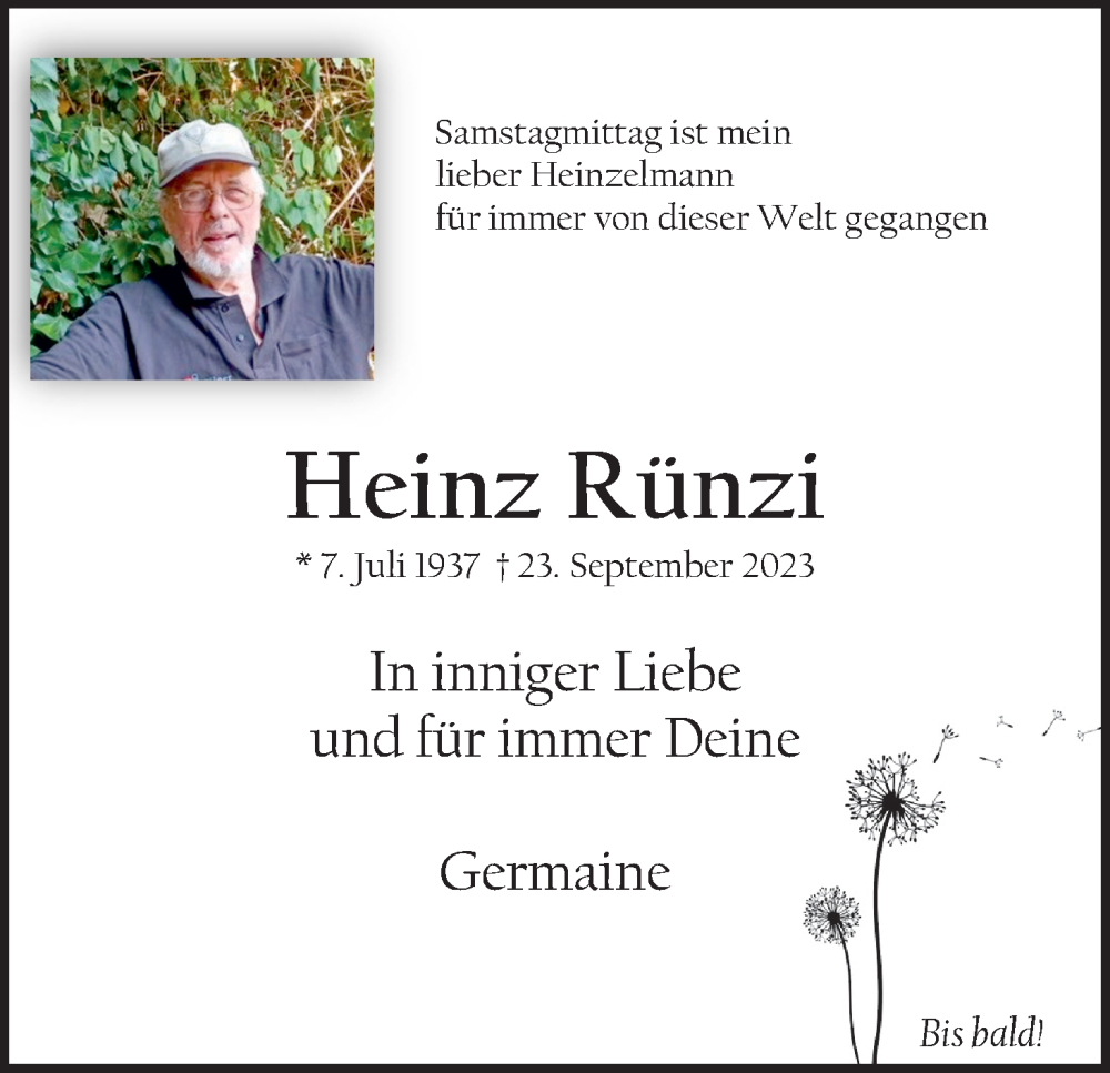  Traueranzeige für Heinz Rünzi vom 30.09.2023 aus Kölner Stadt-Anzeiger / Kölnische Rundschau / Express