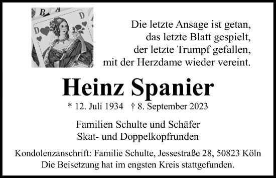 Anzeige von Heinz Spanier Spanier von Kölner Stadt-Anzeiger / Kölnische Rundschau / Express