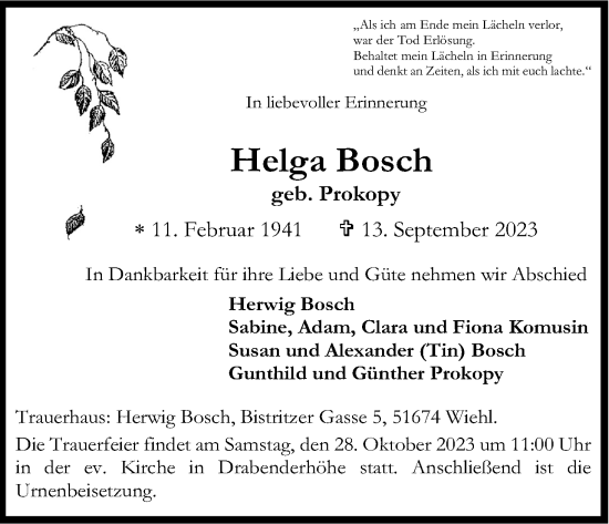 Anzeige von Helga Bosch von Kölner Stadt-Anzeiger / Kölnische Rundschau / Express