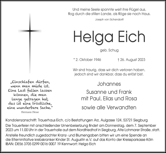Anzeige von Helga Eich von Kölner Stadt-Anzeiger / Kölnische Rundschau / Express