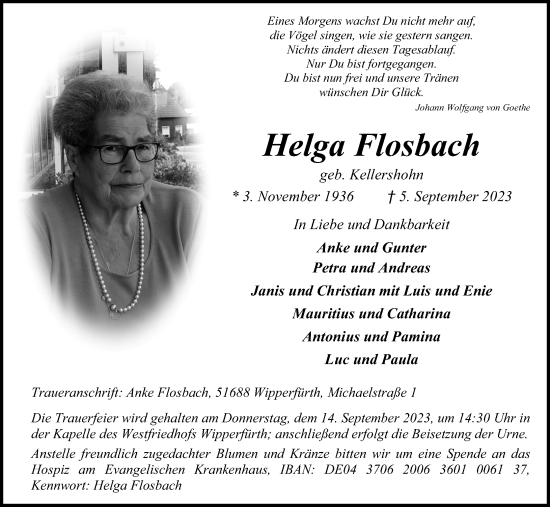 Anzeige von Helga Flosbach von Kölner Stadt-Anzeiger / Kölnische Rundschau / Express