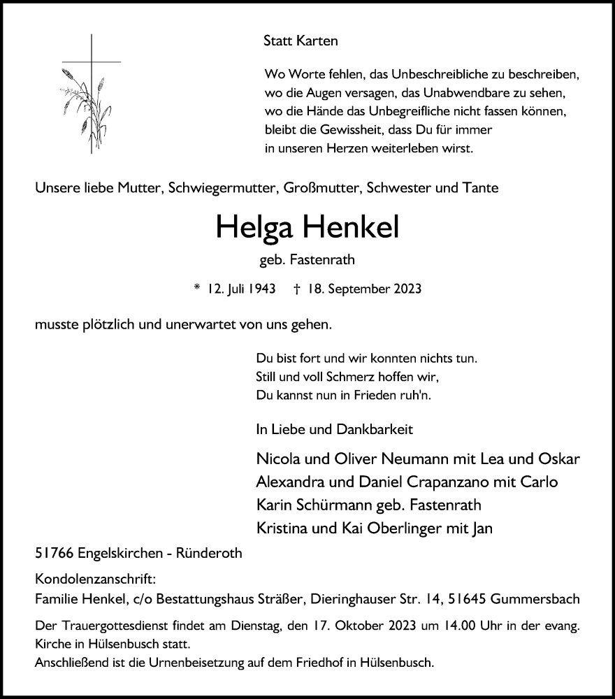  Traueranzeige für Helga Henkel vom 29.09.2023 aus Kölner Stadt-Anzeiger / Kölnische Rundschau / Express