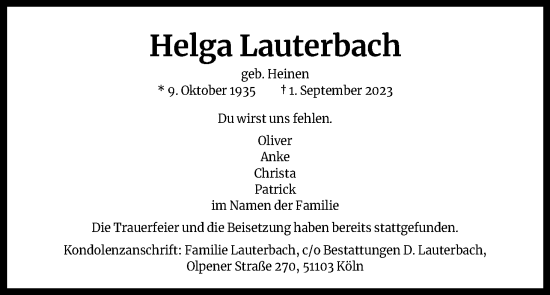 Anzeige von Helga Lauterbach von Kölner Stadt-Anzeiger / Kölnische Rundschau / Express