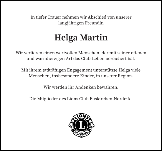 Anzeige von Helga Martin von  Blickpunkt Euskirchen 