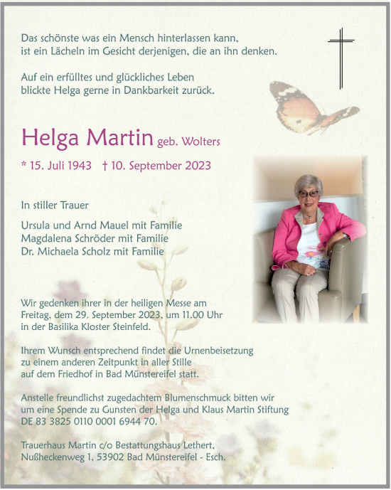 Anzeige von Helga Martin von  Blickpunkt Euskirchen 