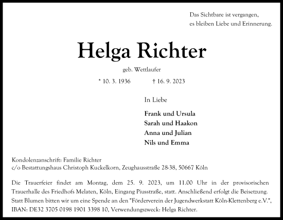 Anzeige von Helga Richter von Kölner Stadt-Anzeiger / Kölnische Rundschau / Express