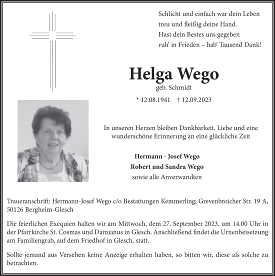 Anzeige von Helga Wego von  Werbepost 