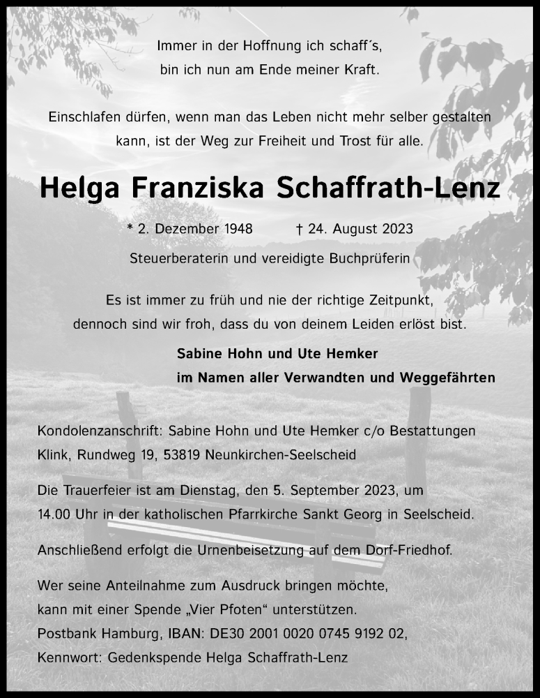  Traueranzeige für Helga Franziska Schaffrath-Lenz vom 02.09.2023 aus Kölner Stadt-Anzeiger / Kölnische Rundschau / Express