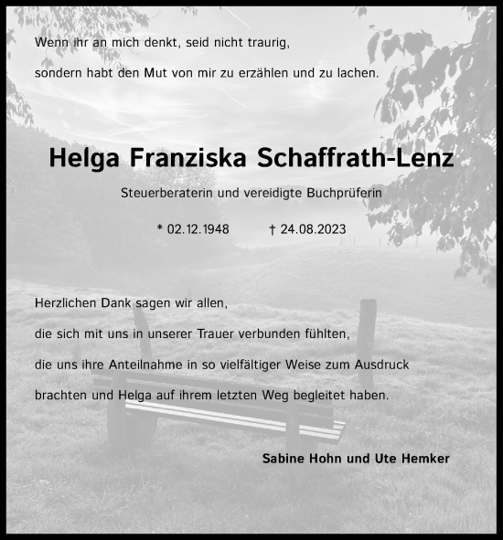 Anzeige von Helga Franziska Schaffrath-Lenz von Kölner Stadt-Anzeiger / Kölnische Rundschau / Express