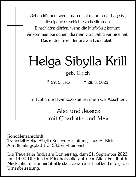 Anzeige von Helga Sibylla Krill von  Schaufenster/Blickpunkt 