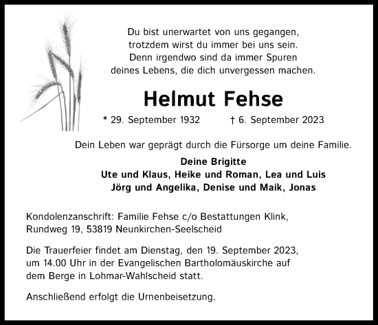 Anzeige von Helmut Fehse von Kölner Stadt-Anzeiger / Kölnische Rundschau / Express