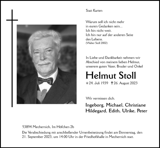 Anzeige von Helmut Stoll von Kölner Stadt-Anzeiger / Kölnische Rundschau / Express