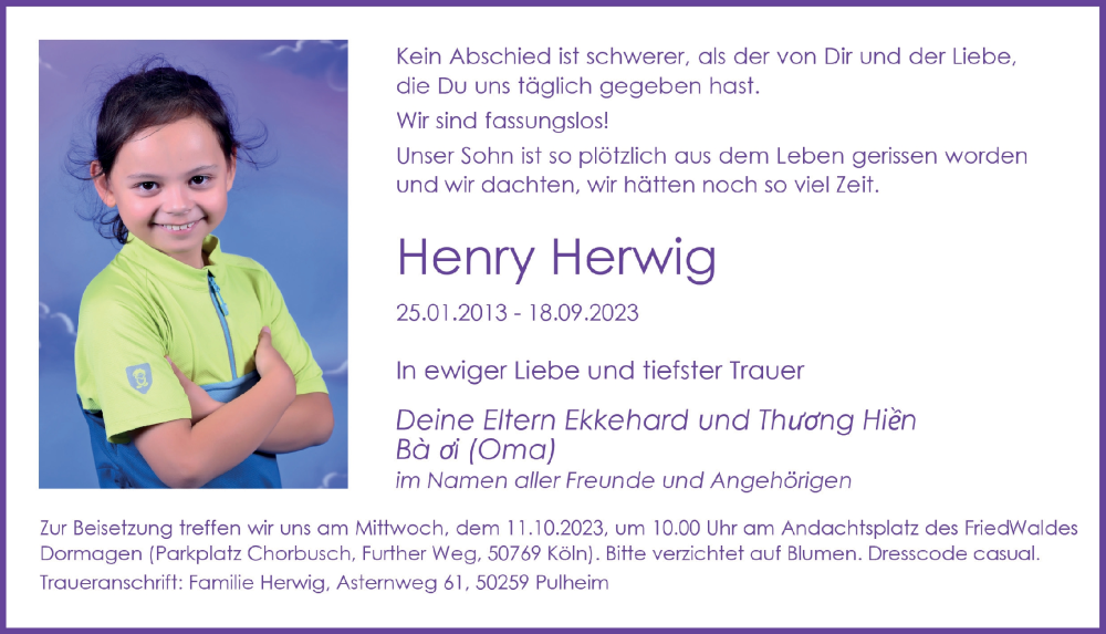  Traueranzeige für Henry Herwig vom 29.09.2023 aus  Wochenende 