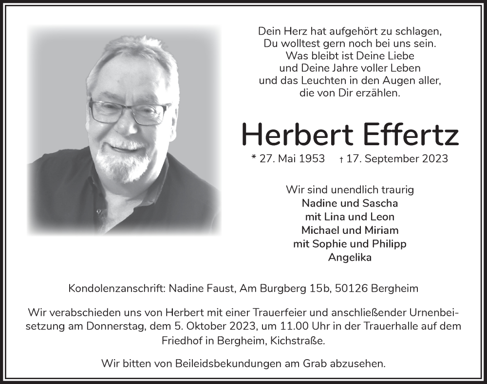  Traueranzeige für Herbert Effertz vom 29.09.2023 aus  Werbepost 