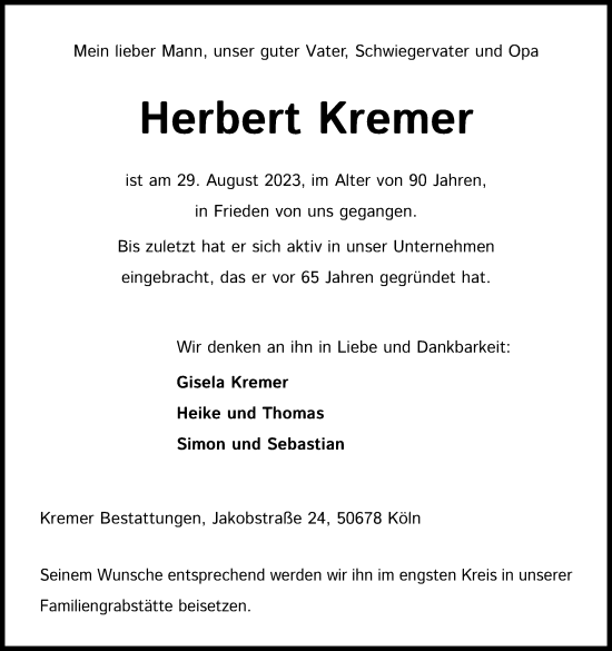 Anzeige von Herbert Kremer von Kölner Stadt-Anzeiger / Kölnische Rundschau / Express