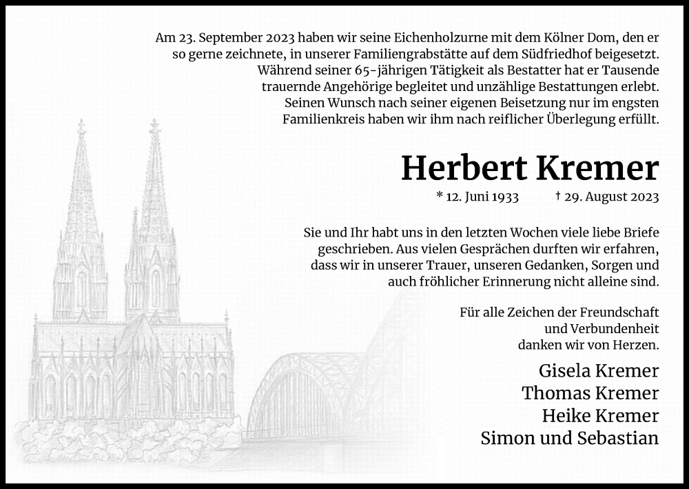  Traueranzeige für Herbert Kremer vom 30.09.2023 aus Kölner Stadt-Anzeiger / Kölnische Rundschau / Express