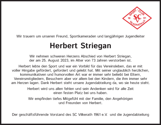 Anzeige von Herbert Striegan von Kölner Stadt-Anzeiger / Kölnische Rundschau / Express