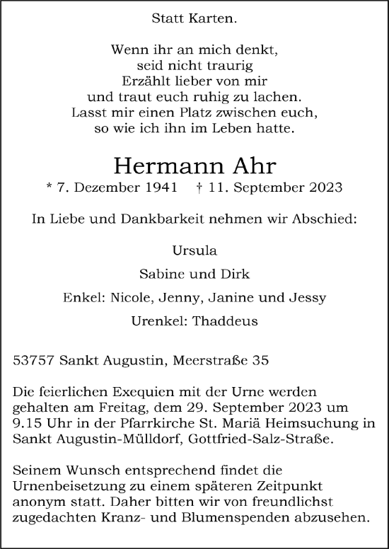 Anzeige von Hermann Ahr von  Extra Blatt 